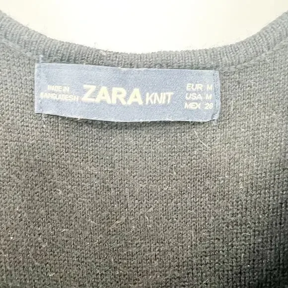 Zara Knit Tunic Tank Top Womens Size M Black Distressed Pocket Scoop Neck - Picture 3 of 6